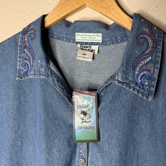 Isaac’s Designs Denim Jacket Embellished Shirt Unique USA Rhinestone Women’s 1XL - Picture 2 of 15